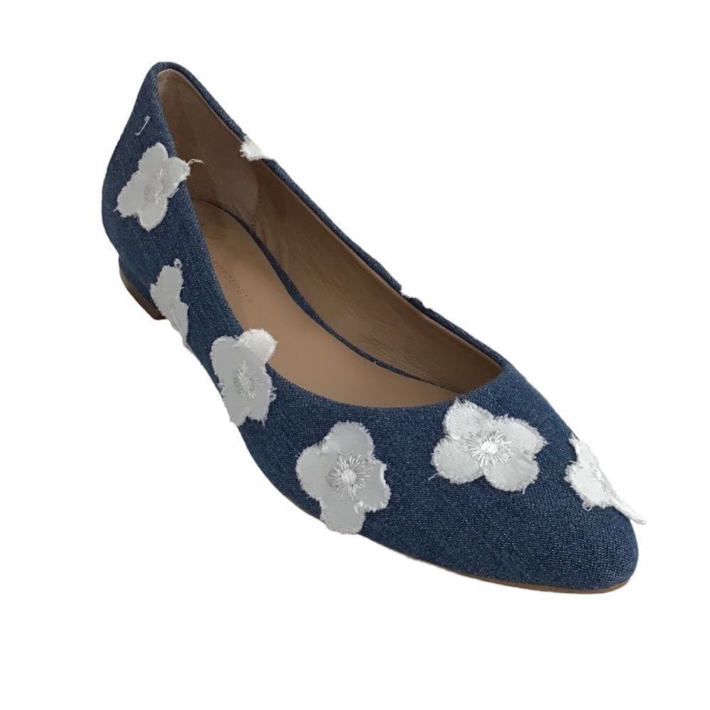 Anthropologie Denim Floral Appliqué Point Toe Ballet Flat Shoes Jean Size 8 1/2